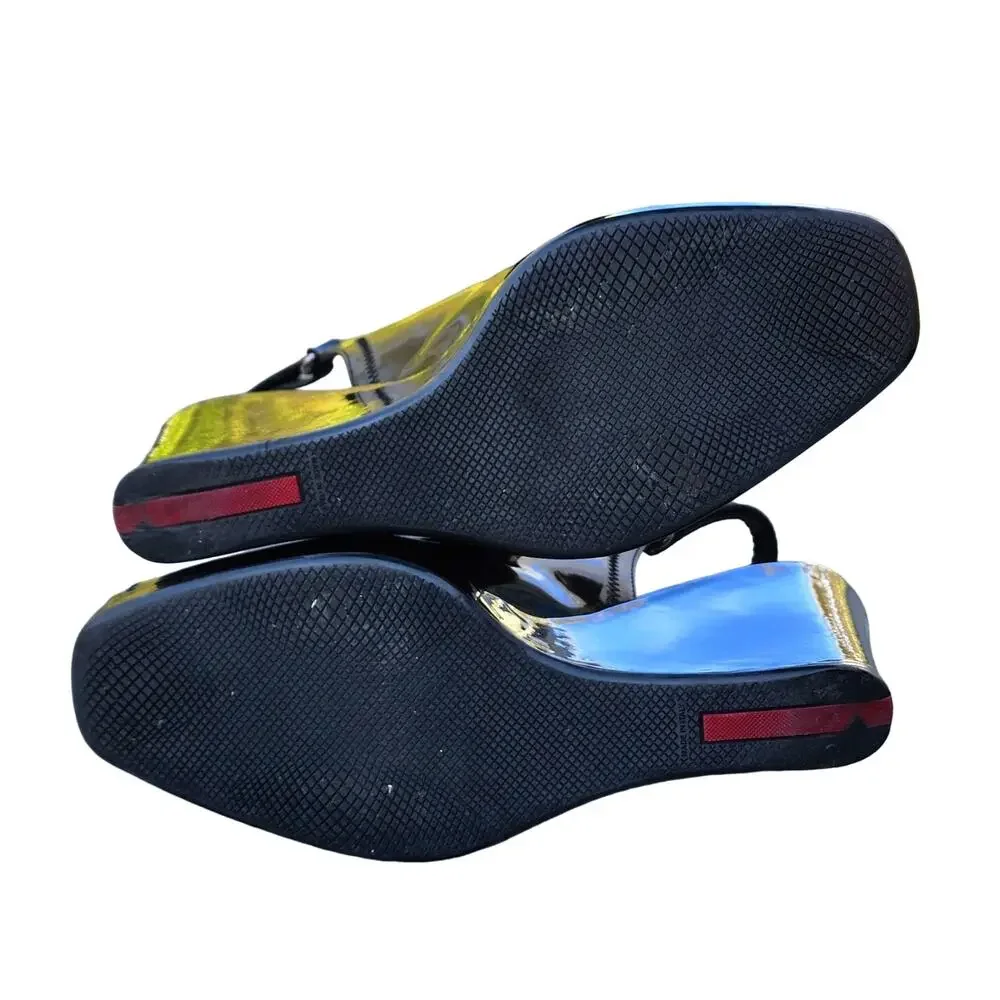 Prada Black Sport Patent Leather Peep Toe Wedge Slingback Sandals 41